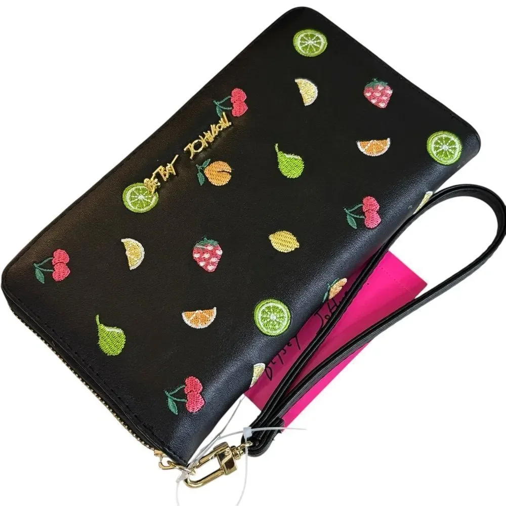 Betsey Johnson Fruit Embroidered Black Zip-Around Wristlet w/ Detachable Strap.